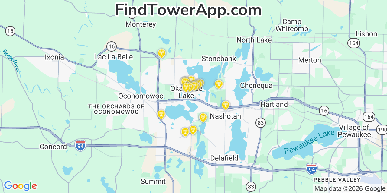 Map showing the 20 primary cell tower locations detected in Okauchee Lake, Wisconsin from AT&T, Verizon, and T-Mobile networks