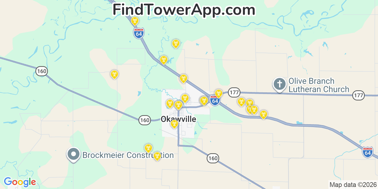 Map showing the 20 primary cell tower locations detected in Okawville, Illinois from AT&T, Verizon, and T-Mobile networks