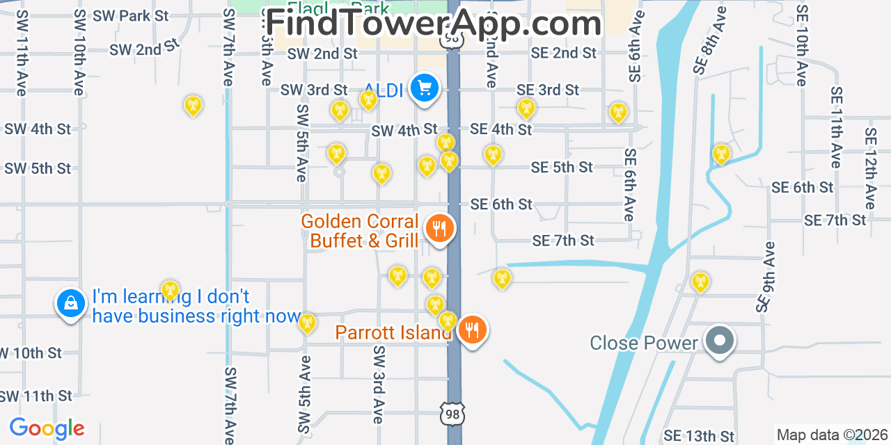 Map showing the 20 primary cell tower locations detected in Okeechobee, Florida from AT&T, Verizon, and T-Mobile networks