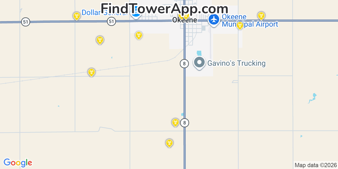 Map showing the 20 primary cell tower locations detected in Okeene, Oklahoma from AT&T, Verizon, and T-Mobile networks