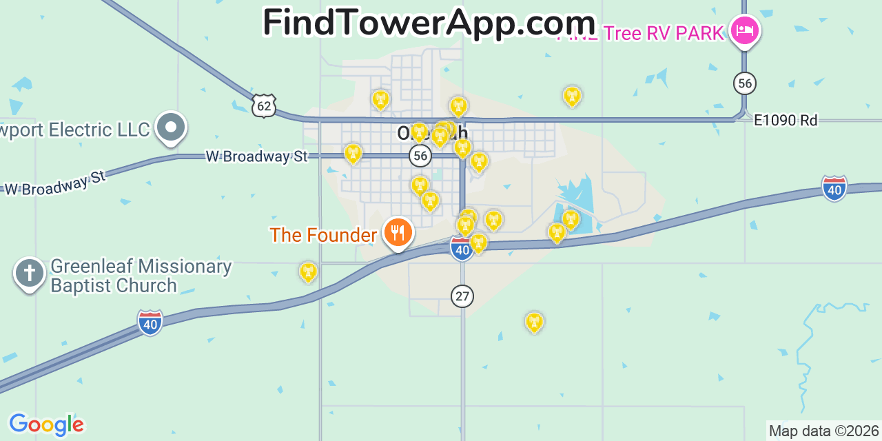 Map showing the 20 primary cell tower locations detected in Okemah, Oklahoma from AT&T, Verizon, and T-Mobile networks