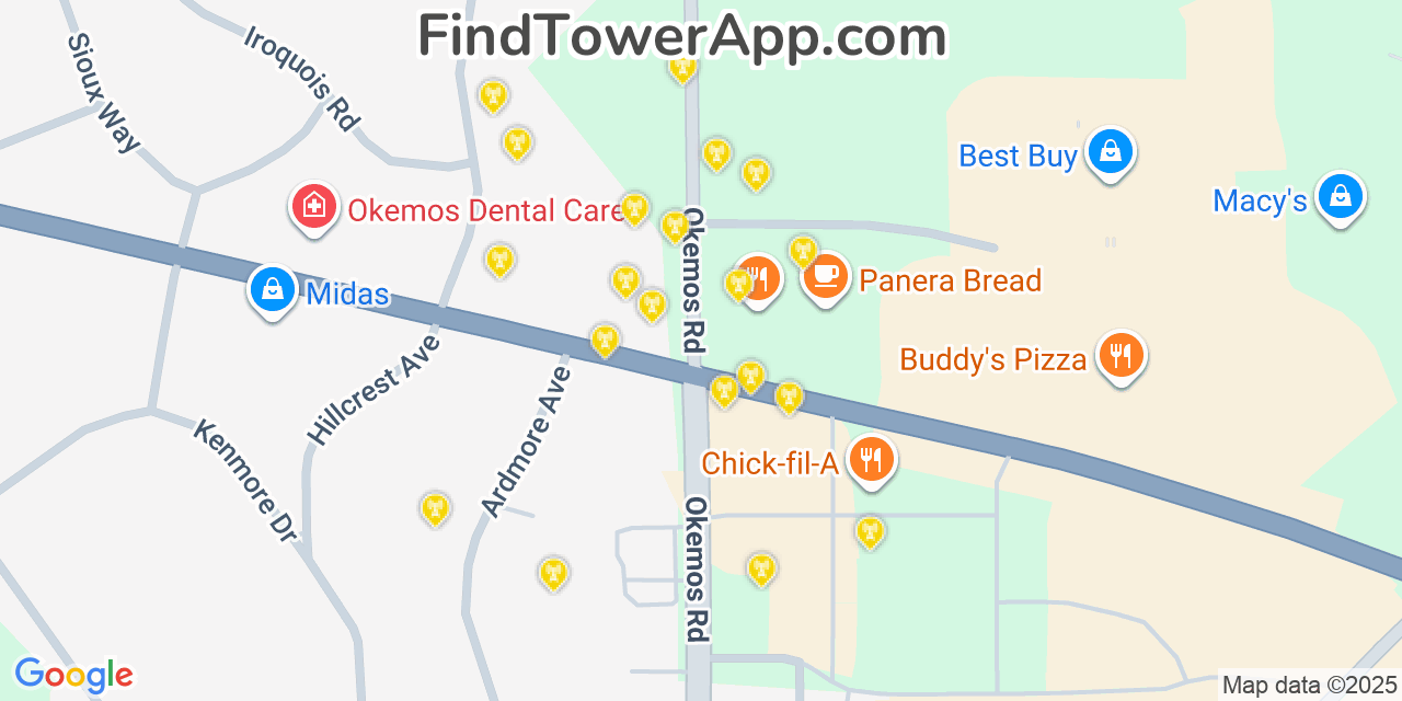 Map showing the 20 primary cell tower locations detected in Okemos, Michigan from AT&T, Verizon, and T-Mobile networks