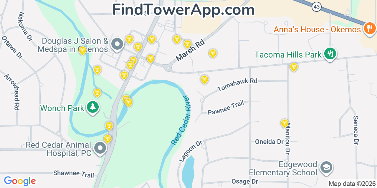Map showing the 20 primary cell tower locations detected in Okemos, Michigan from AT&T, Verizon, and T-Mobile networks