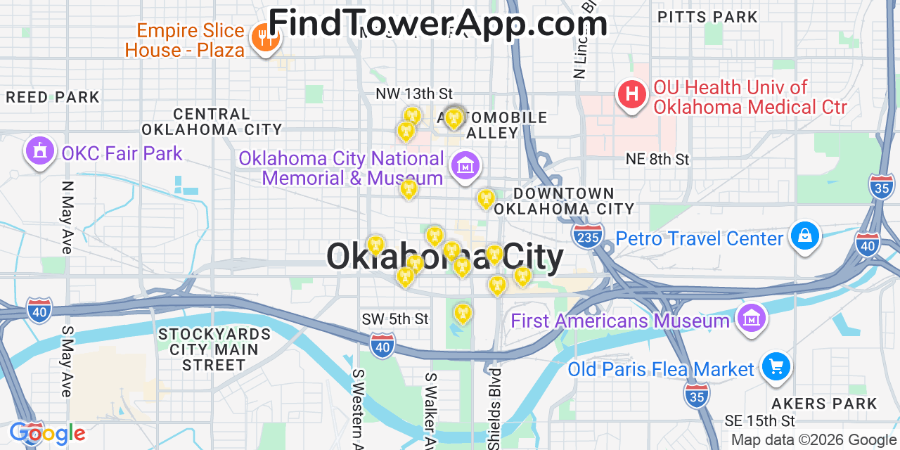 Map showing the 20 primary cell tower locations detected in Oklahoma City, Oklahoma from AT&T, Verizon, and T-Mobile networks