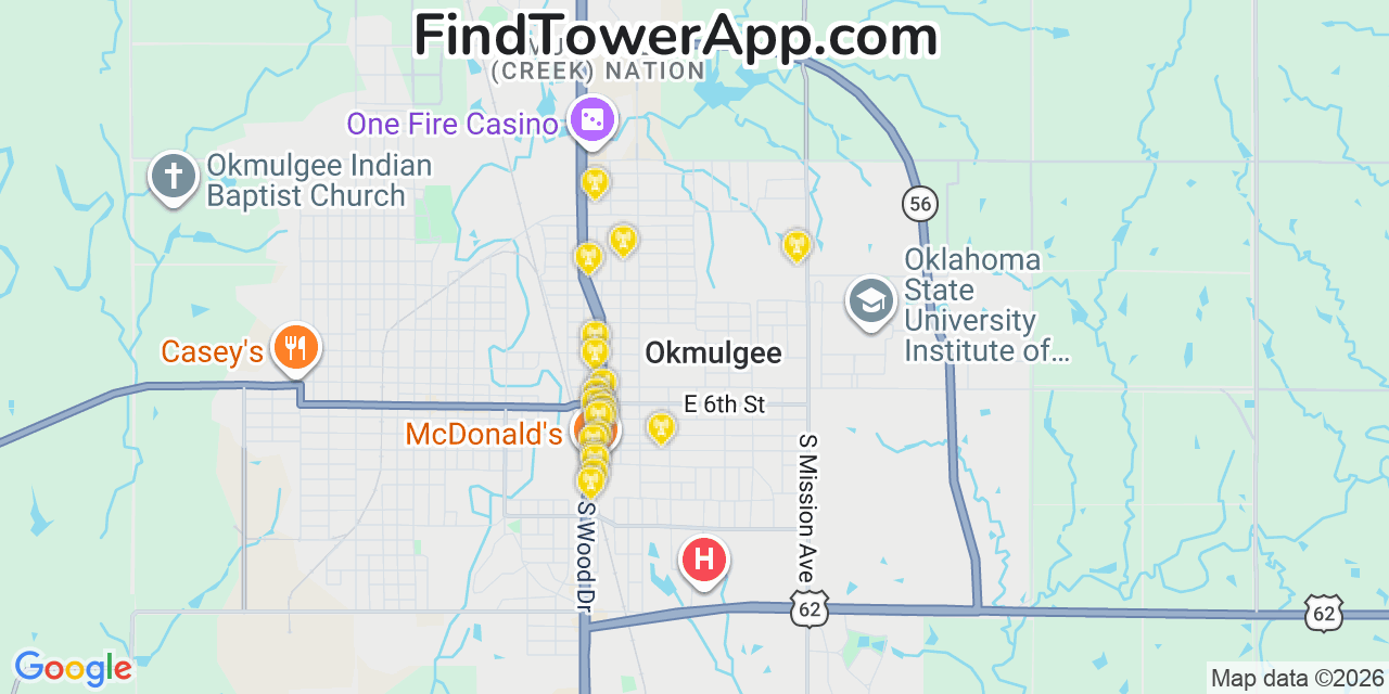Map showing the 20 primary cell tower locations detected in Okmulgee, Oklahoma from AT&T, Verizon, and T-Mobile networks