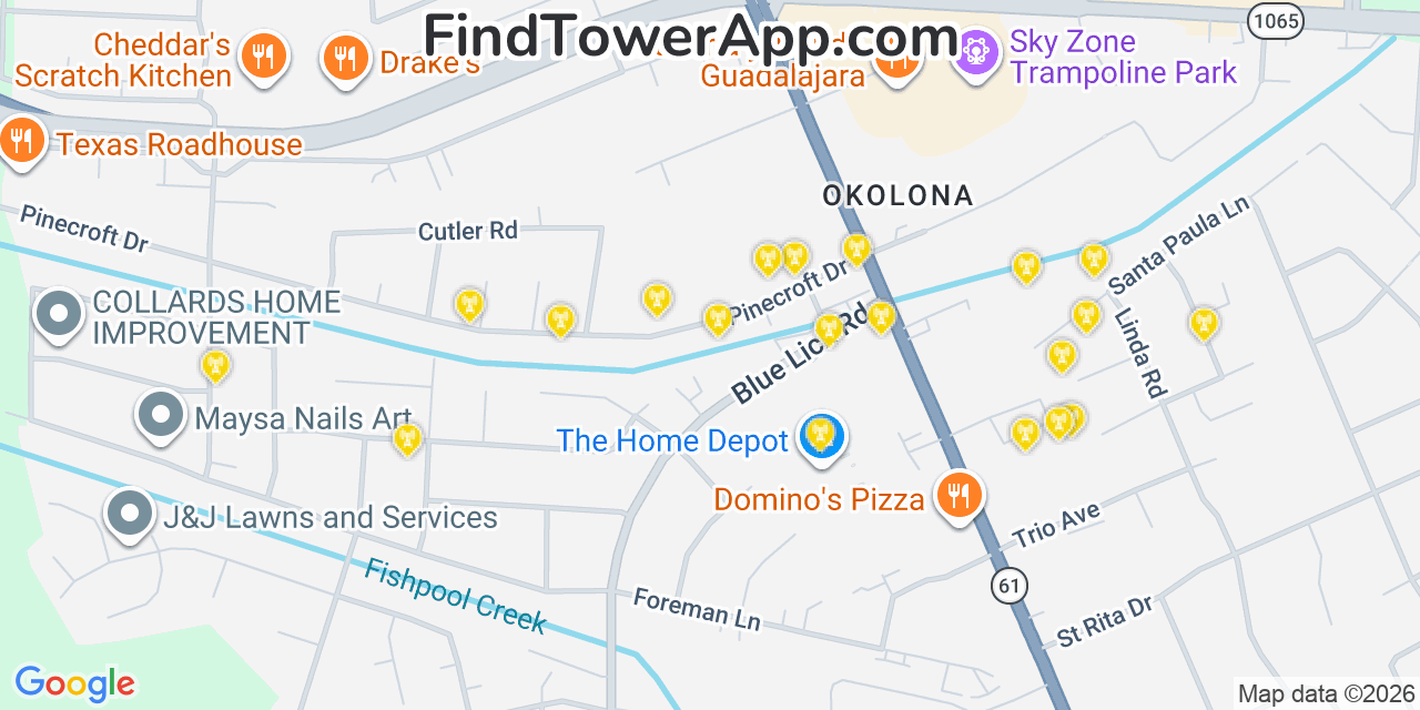 Map showing the 20 primary cell tower locations detected in Okolona, Kentucky from AT&T, Verizon, and T-Mobile networks