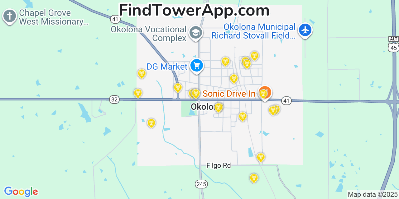 Map showing the 20 primary cell tower locations detected in Okolona, Mississippi from AT&T, Verizon, and T-Mobile networks
