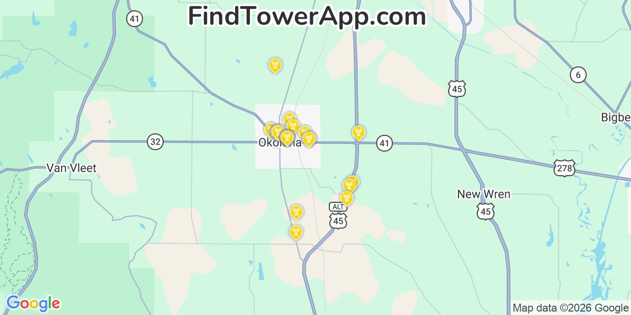 Map showing the 20 primary cell tower locations detected in Okolona, Mississippi from AT&T, Verizon, and T-Mobile networks
