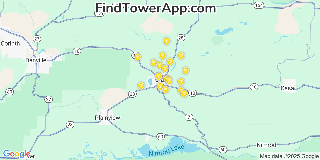Map showing the 20 primary cell tower locations detected in Ola, Arkansas from AT&T, Verizon, and T-Mobile networks