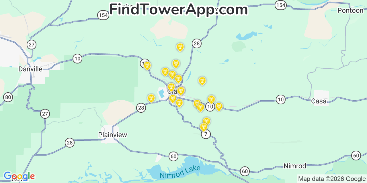 Map showing the 20 primary cell tower locations detected in Ola, Arkansas from AT&T, Verizon, and T-Mobile networks
