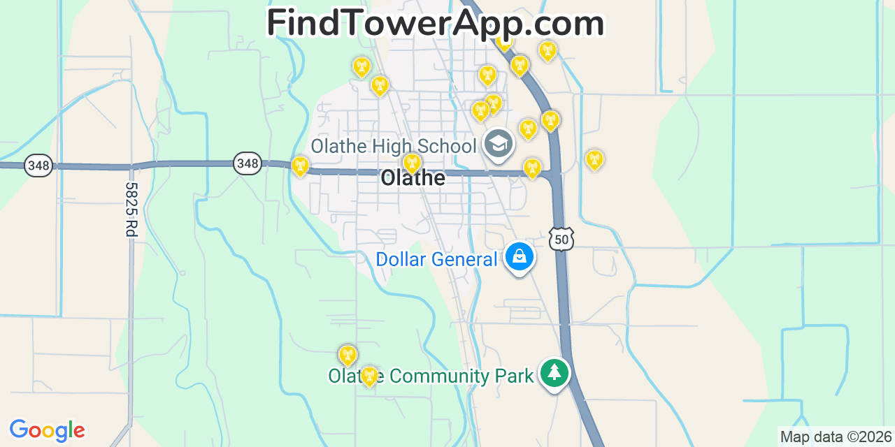 Map showing the 20 primary cell tower locations detected in Olathe, Colorado from AT&T, Verizon, and T-Mobile networks