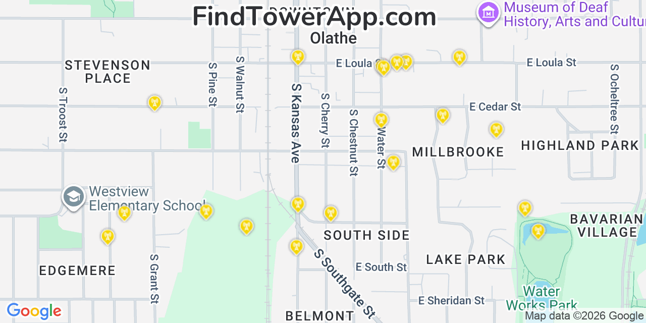 Map showing the 20 primary cell tower locations detected in Olathe, Kansas from AT&T, Verizon, and T-Mobile networks