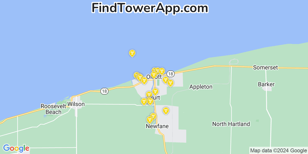 AT&T 4G/5G cell tower coverage map Olcott, New York