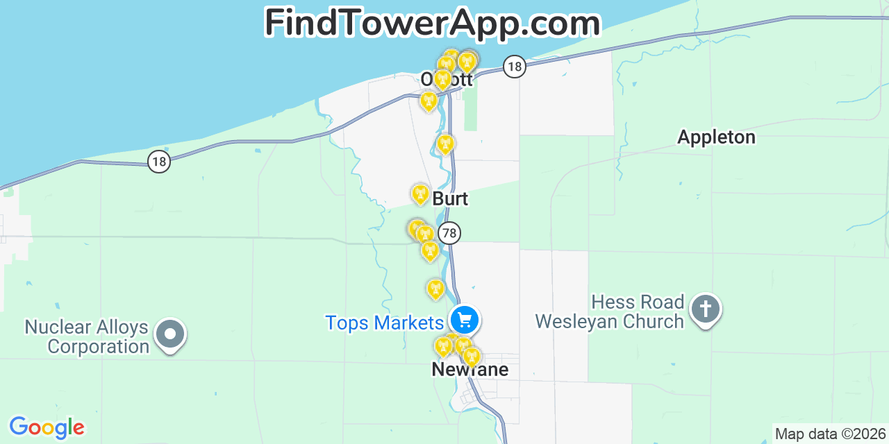 Map showing the 20 primary cell tower locations detected in Olcott, New York from AT&T, Verizon, and T-Mobile networks