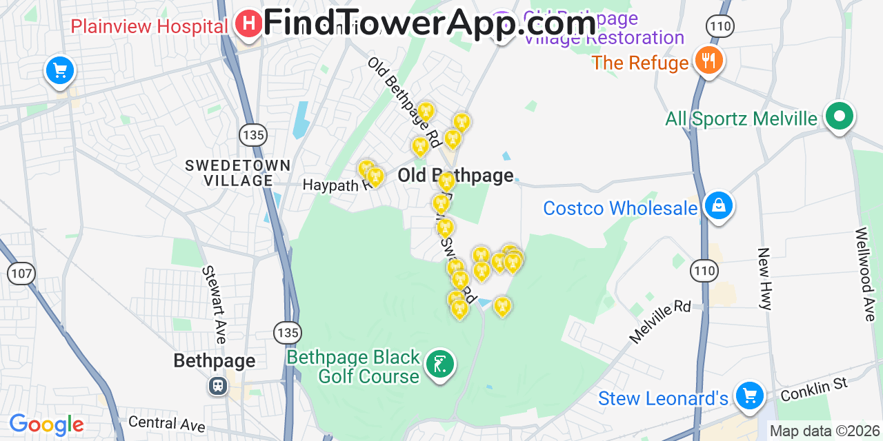 Map showing the 20 primary cell tower locations detected in Old Bethpage, New York from AT&T, Verizon, and T-Mobile networks