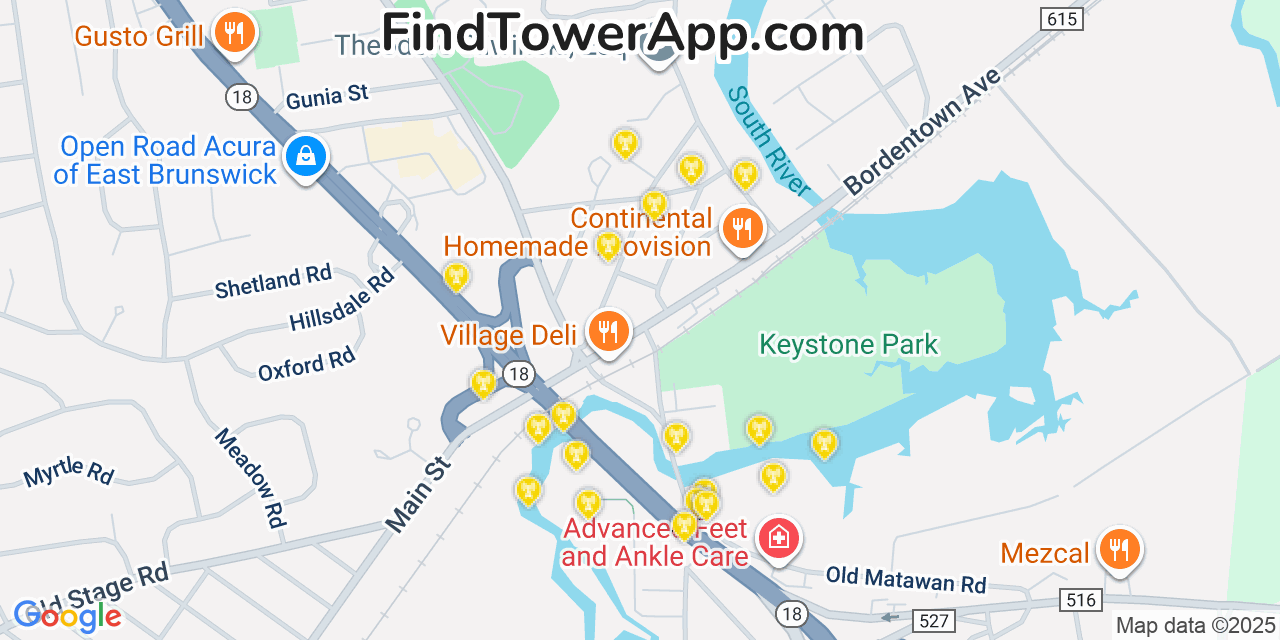 Map showing the 20 primary cell tower locations detected in Old Bridge, New Jersey from AT&T, Verizon, and T-Mobile networks