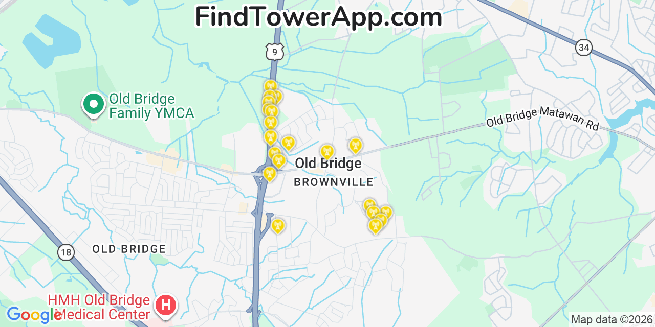 Map showing the 20 primary cell tower locations detected in Old Bridge, New Jersey from AT&T, Verizon, and T-Mobile networks