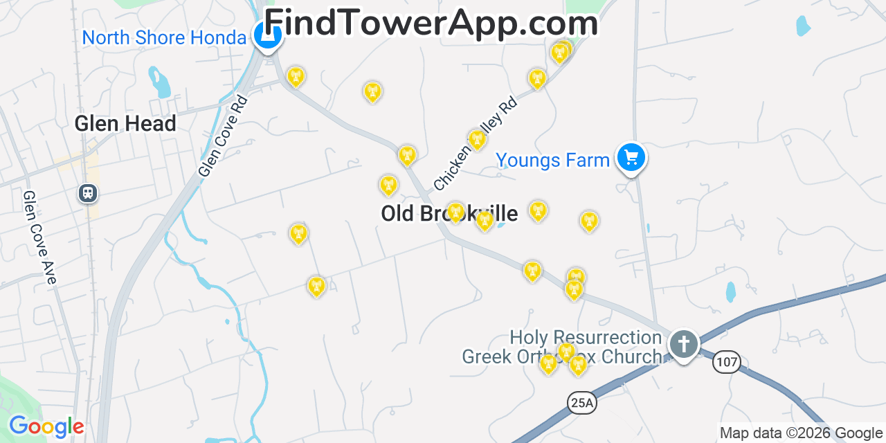 Map showing the 20 primary cell tower locations detected in Old Brookville, New York from AT&T, Verizon, and T-Mobile networks