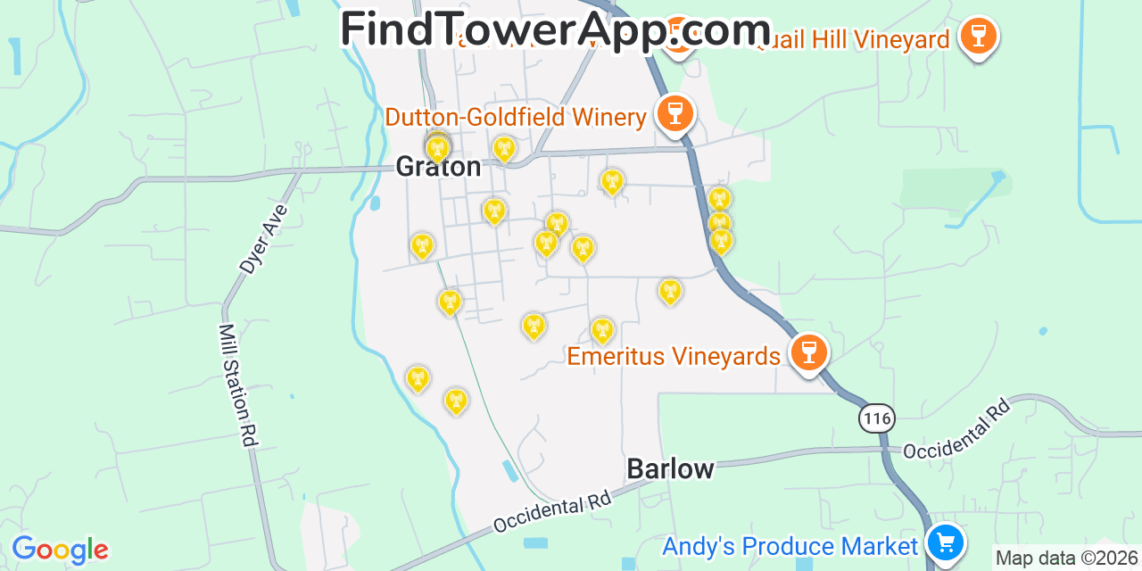 Map showing the 20 primary cell tower locations detected in Old Fig Garden, California from AT&T, Verizon, and T-Mobile networks
