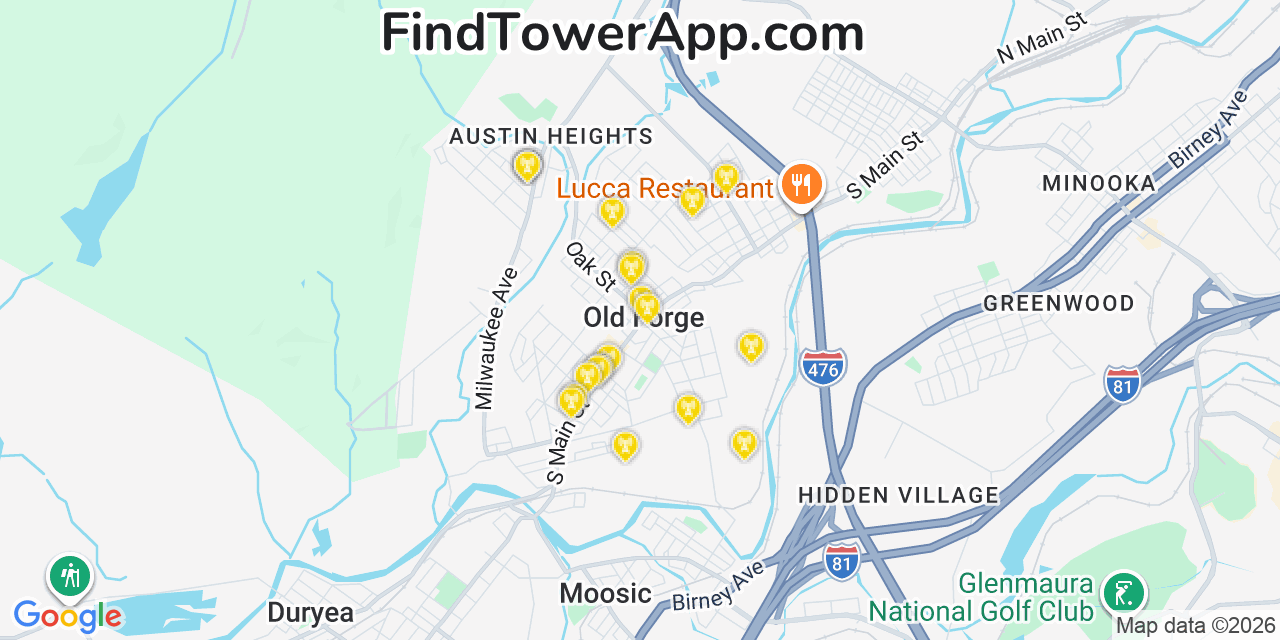 Map showing the 20 primary cell tower locations detected in Old Forge, Pennsylvania from AT&T, Verizon, and T-Mobile networks