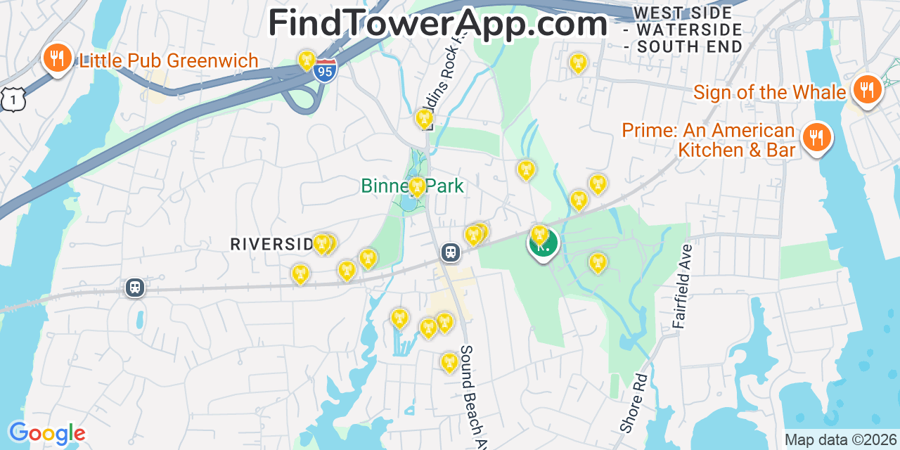Map showing the 20 primary cell tower locations detected in Old Greenwich, Connecticut from AT&T, Verizon, and T-Mobile networks