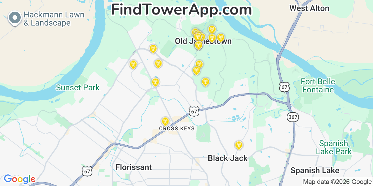 Map showing the 20 primary cell tower locations detected in Old Jamestown, Missouri from AT&T, Verizon, and T-Mobile networks