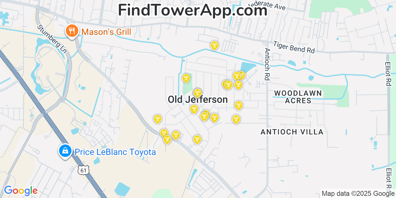 Map showing the 20 primary cell tower locations detected in Old Jefferson, Louisiana from AT&T, Verizon, and T-Mobile networks