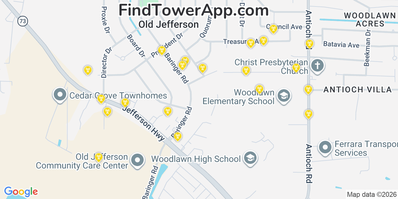 Map showing the 20 primary cell tower locations detected in Old Jefferson, Louisiana from AT&T, Verizon, and T-Mobile networks