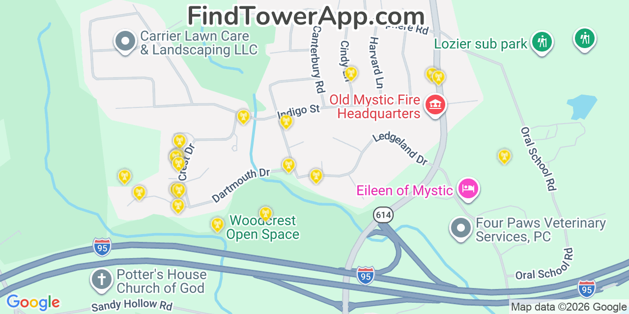 Map showing the 20 primary cell tower locations detected in Old Mystic, Connecticut from AT&T, Verizon, and T-Mobile networks