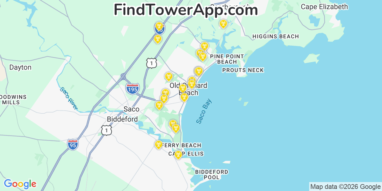 Map showing the 20 primary cell tower locations detected in Old Orchard Beach, Maine from AT&T, Verizon, and T-Mobile networks