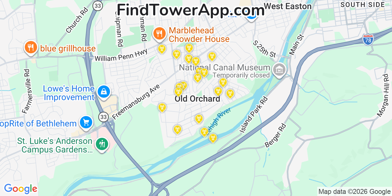 Map showing the 20 primary cell tower locations detected in Old Orchard, Pennsylvania from AT&T, Verizon, and T-Mobile networks