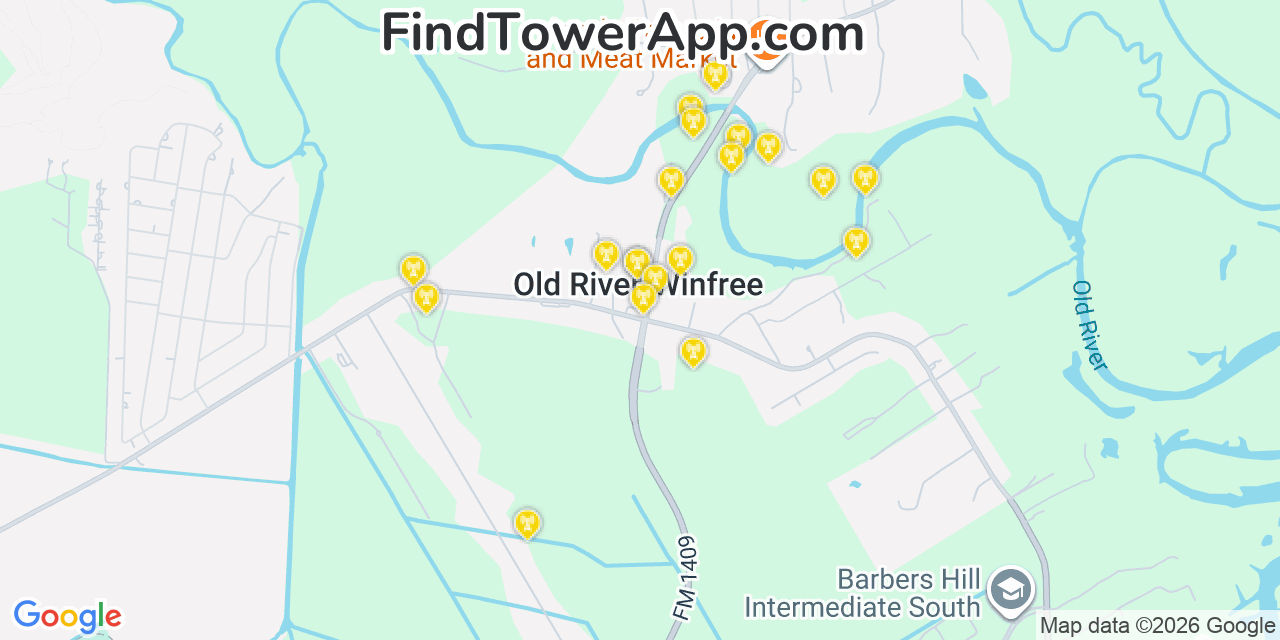 Map showing the 20 primary cell tower locations detected in Old River Winfree, Texas from AT&T, Verizon, and T-Mobile networks