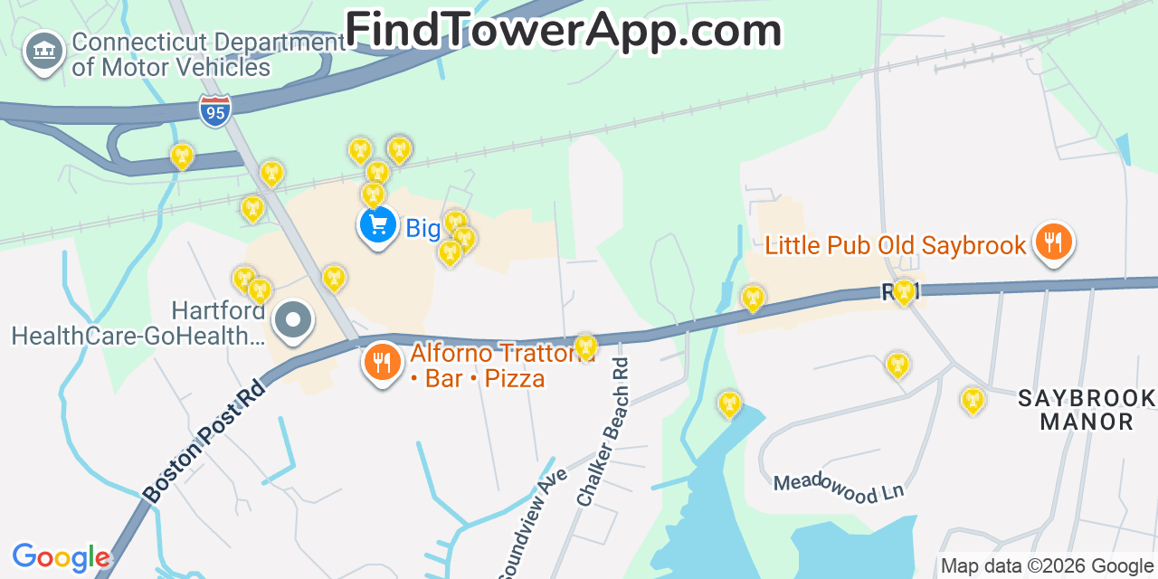 Map showing the 20 primary cell tower locations detected in Old Saybrook Center, Connecticut from AT&T, Verizon, and T-Mobile networks