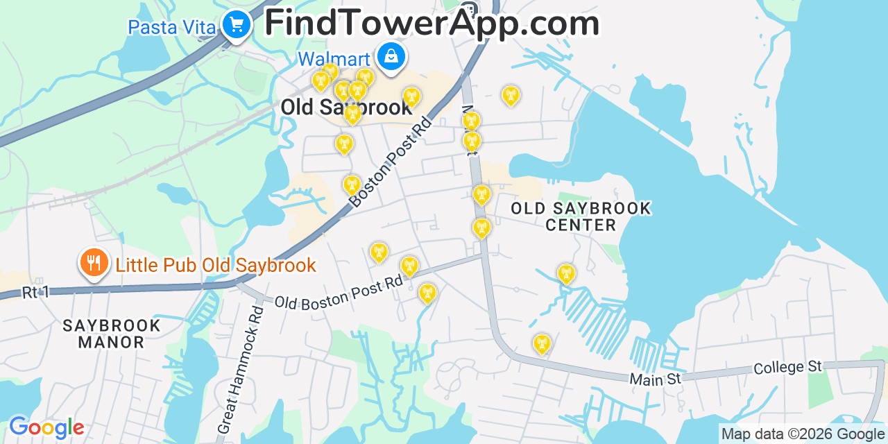 Map showing the 20 primary cell tower locations detected in Old Saybrook, Connecticut from AT&T, Verizon, and T-Mobile networks