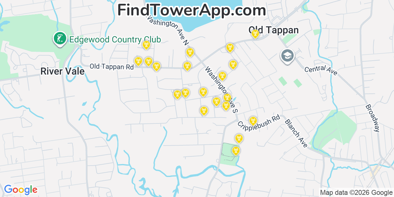 Map showing the 20 primary cell tower locations detected in Old Tappan, New Jersey from AT&T, Verizon, and T-Mobile networks