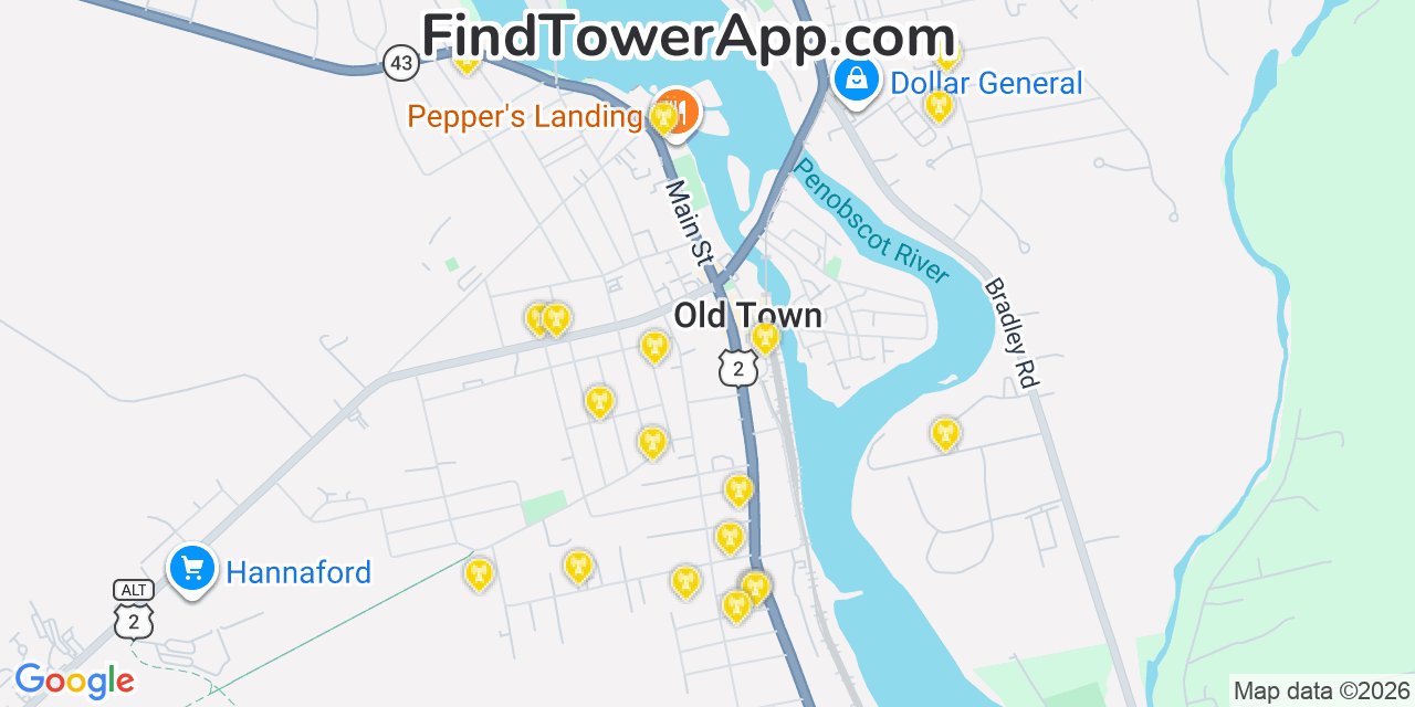 Map showing the 20 primary cell tower locations detected in Old Town, Maine from AT&T, Verizon, and T-Mobile networks