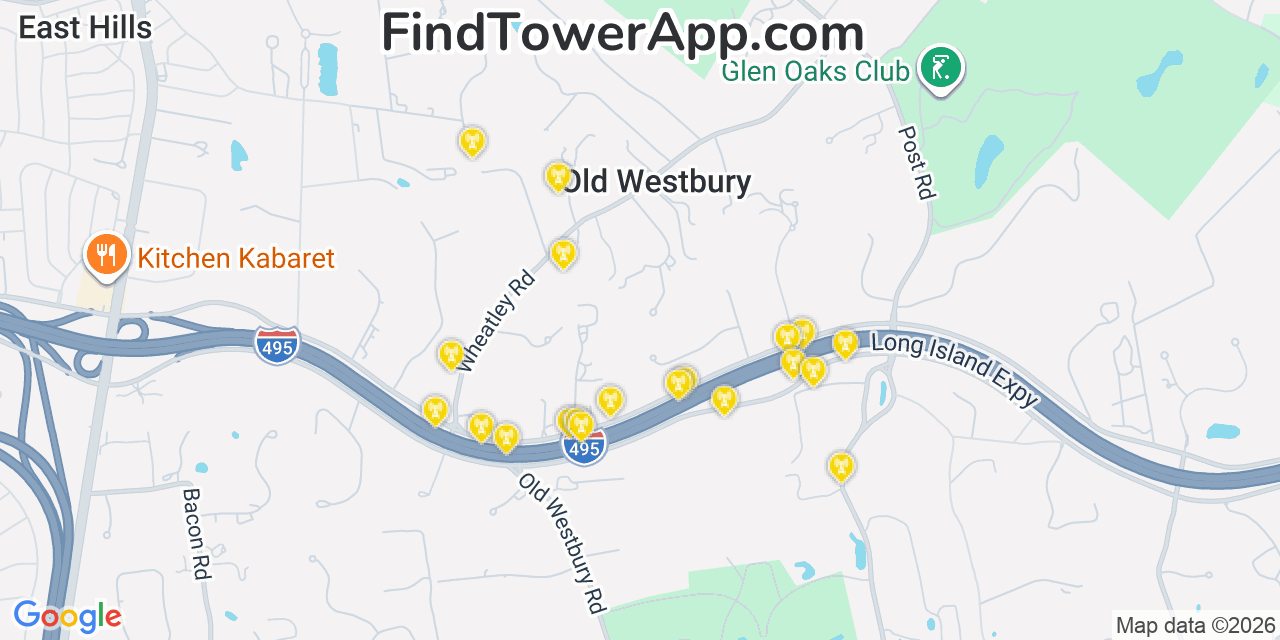 Map showing the 20 primary cell tower locations detected in Old Westbury, New York from AT&T, Verizon, and T-Mobile networks