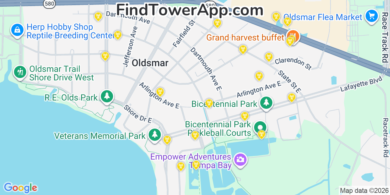 Map showing the 20 primary cell tower locations detected in Oldsmar, Florida from AT&T, Verizon, and T-Mobile networks