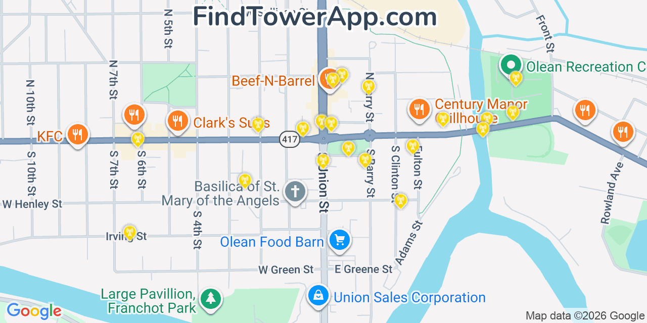 Map showing the 20 primary cell tower locations detected in Olean, New York from AT&T, Verizon, and T-Mobile networks