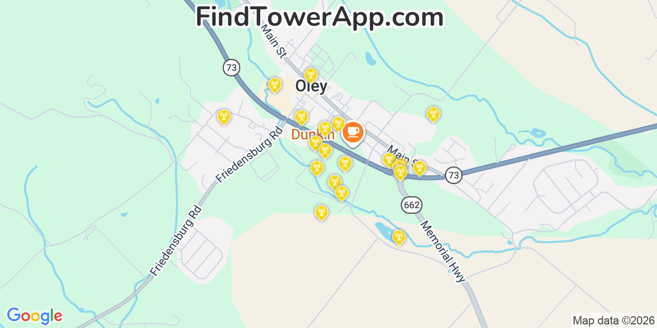 Map showing the 20 primary cell tower locations detected in Oley, Pennsylvania from AT&T, Verizon, and T-Mobile networks