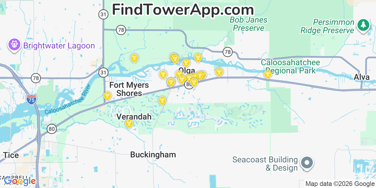 Map showing the 20 primary cell tower locations detected in Olga, Florida from AT&T, Verizon, and T-Mobile networks