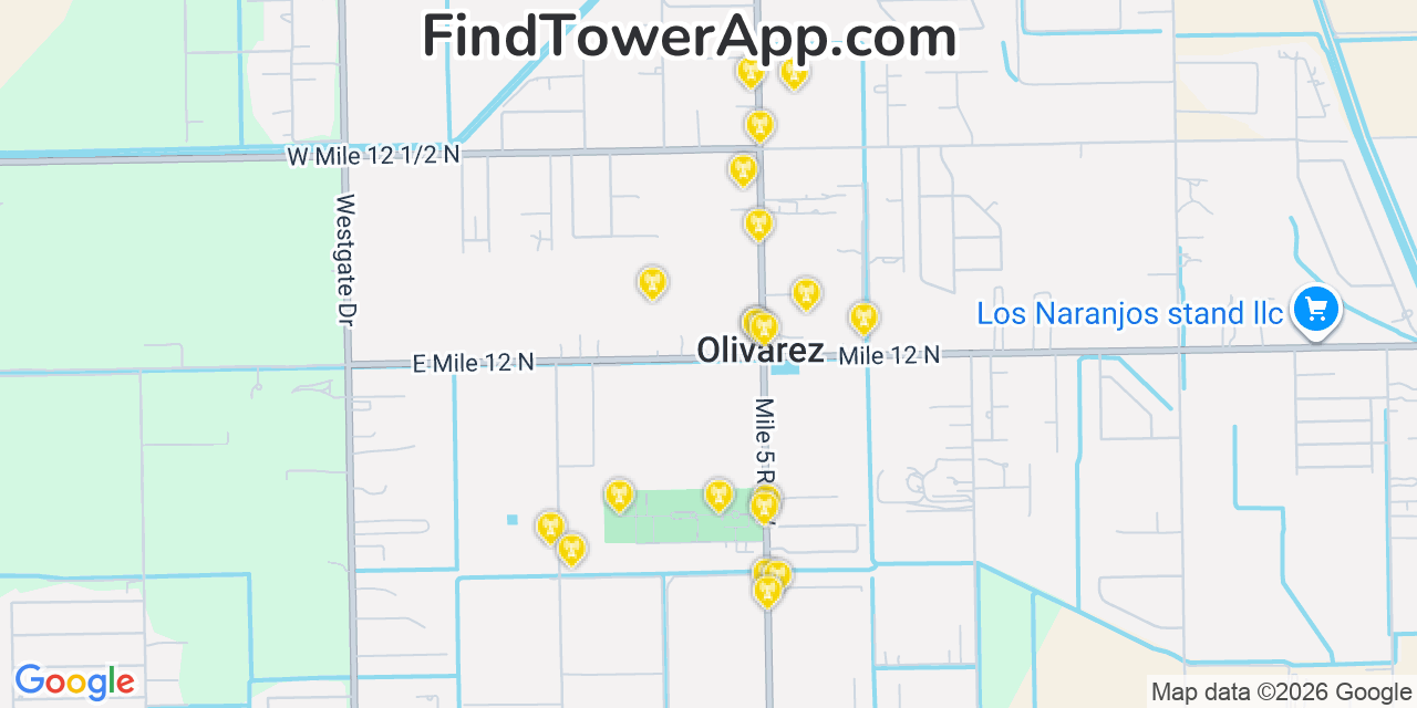 Map showing the 20 primary cell tower locations detected in Olivarez, Texas from AT&T, Verizon, and T-Mobile networks