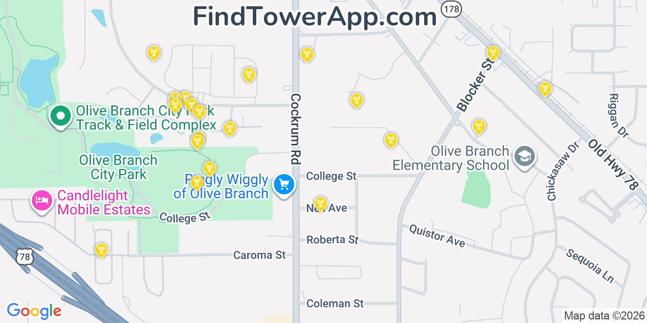 Map showing the 20 primary cell tower locations detected in Olive Branch, Mississippi from AT&T, Verizon, and T-Mobile networks