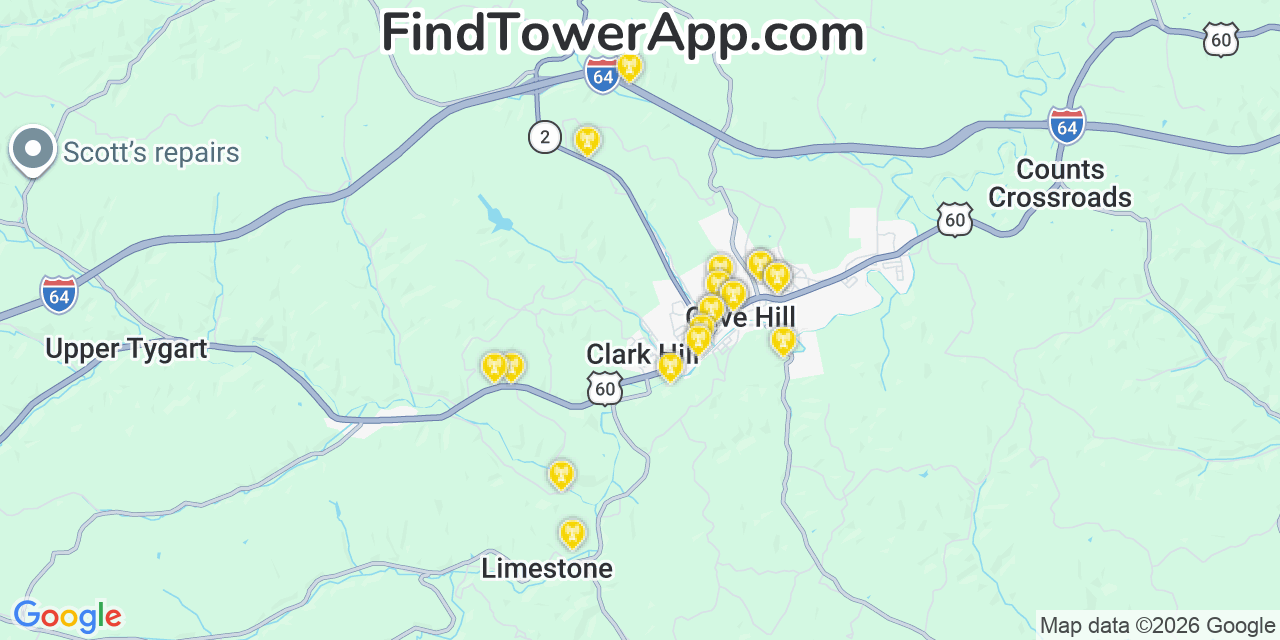Map showing the 20 primary cell tower locations detected in Olive Hill, Kentucky from AT&T, Verizon, and T-Mobile networks