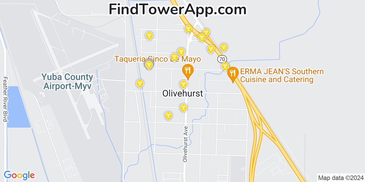 AT&T 4G/5G cell tower coverage map Olivehurst, California