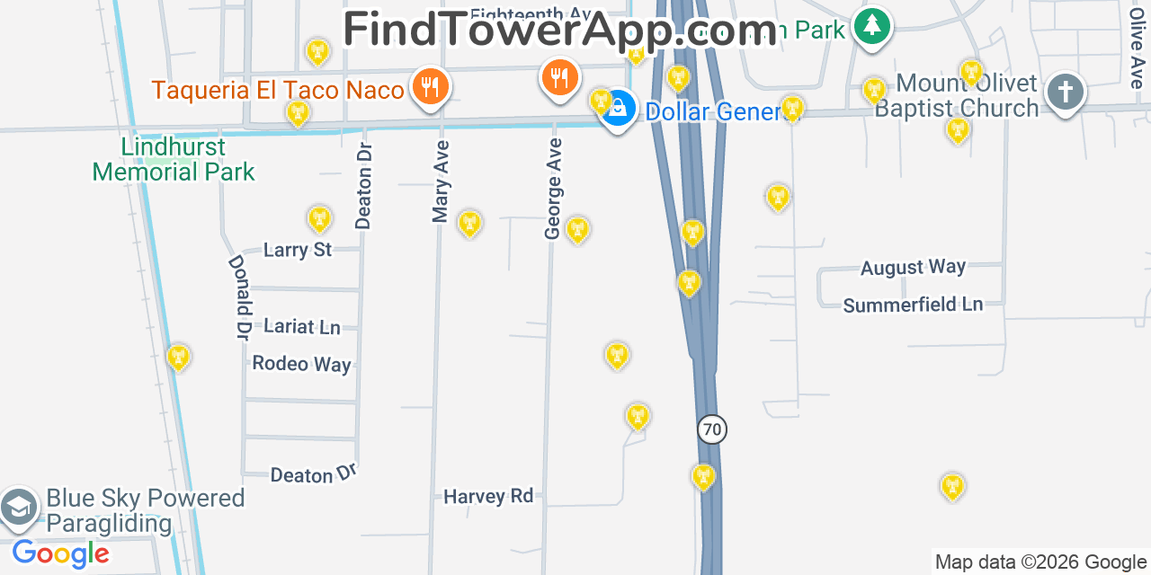 Map showing the 20 primary cell tower locations detected in Olivehurst, California from AT&T, Verizon, and T-Mobile networks