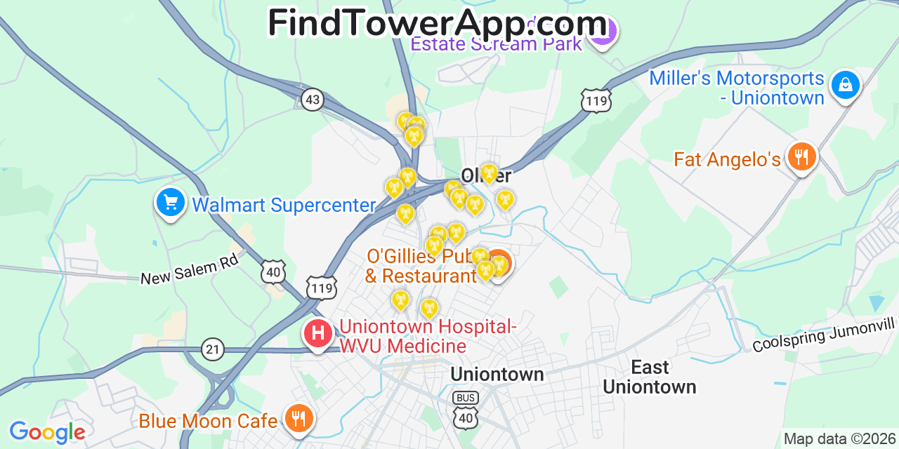 Map showing the 20 primary cell tower locations detected in Oliver, Pennsylvania from AT&T, Verizon, and T-Mobile networks
