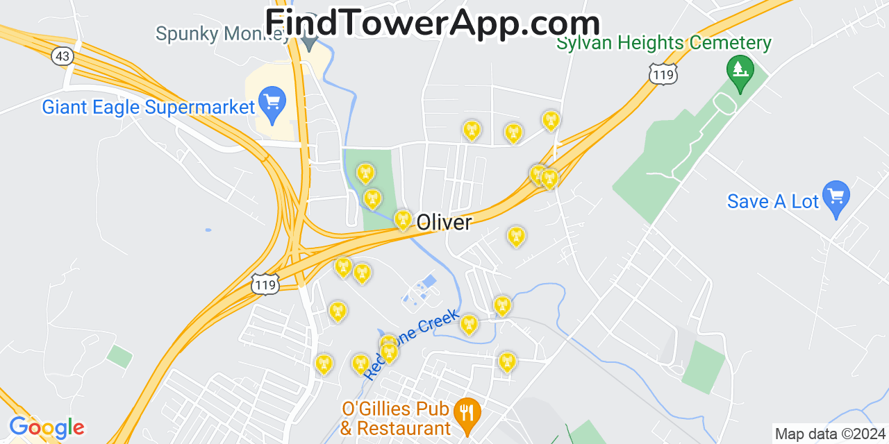 Verizon 4G/5G cell tower coverage map Oliver, Pennsylvania