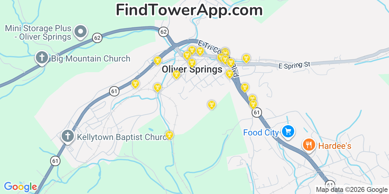 Map showing the 20 primary cell tower locations detected in Oliver Springs, Tennessee from AT&T, Verizon, and T-Mobile networks