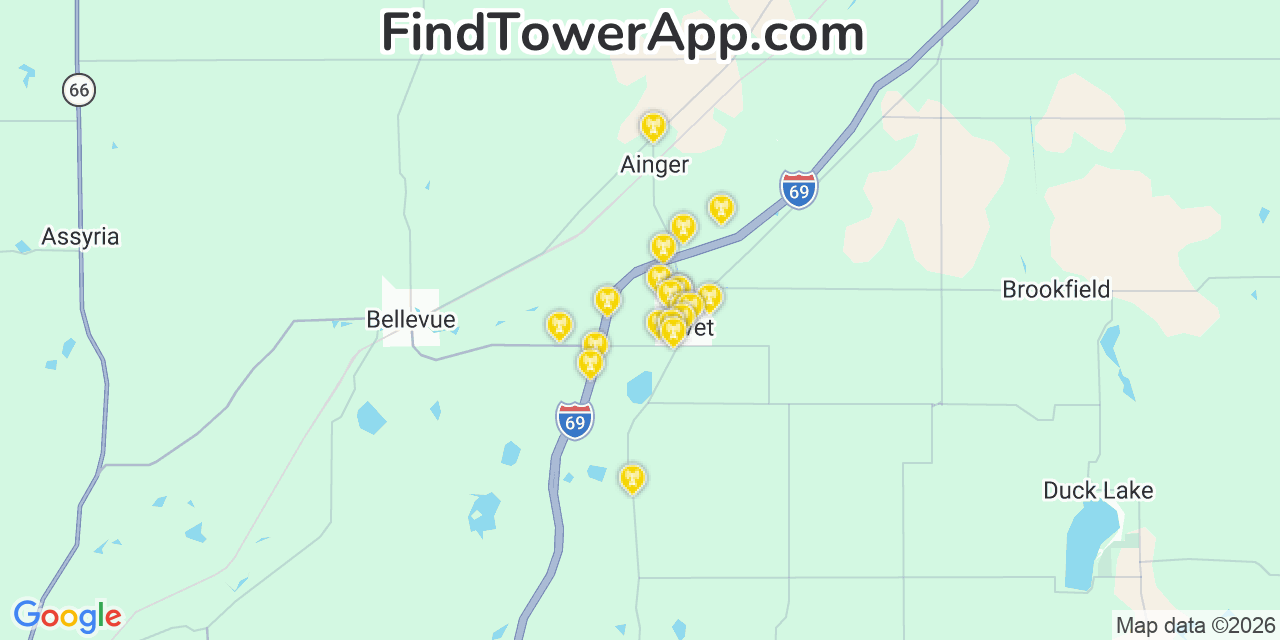 Map showing the 20 primary cell tower locations detected in Olivet, Michigan from AT&T, Verizon, and T-Mobile networks